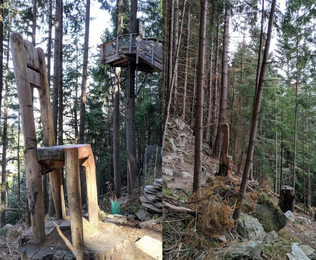 A carved wooden chair found on the Tiki Trail during your climb to Skyline Queenstown.