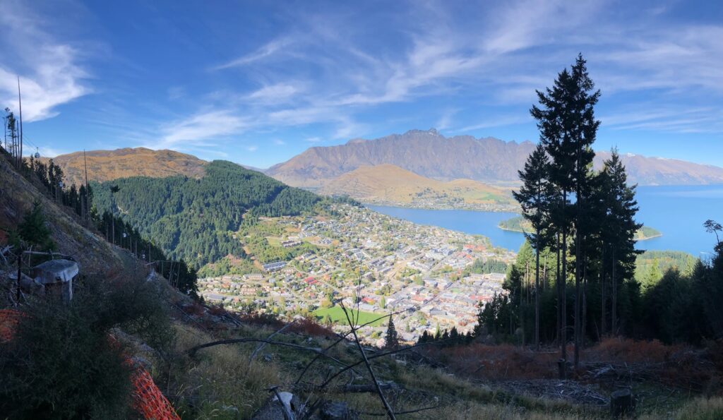 A stunning view of Lake Whakatipu and The Remrkables mountain range from near the top of the Tiki Trail.