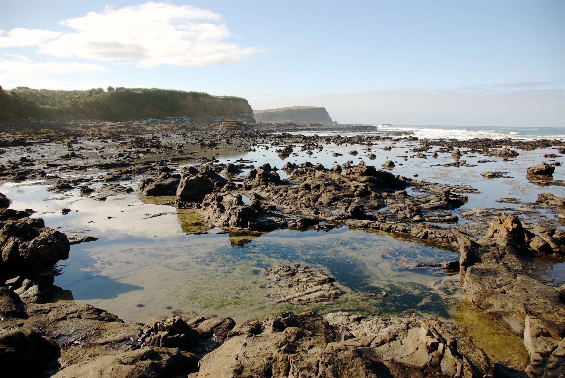 A rocky beach with pooled up waters