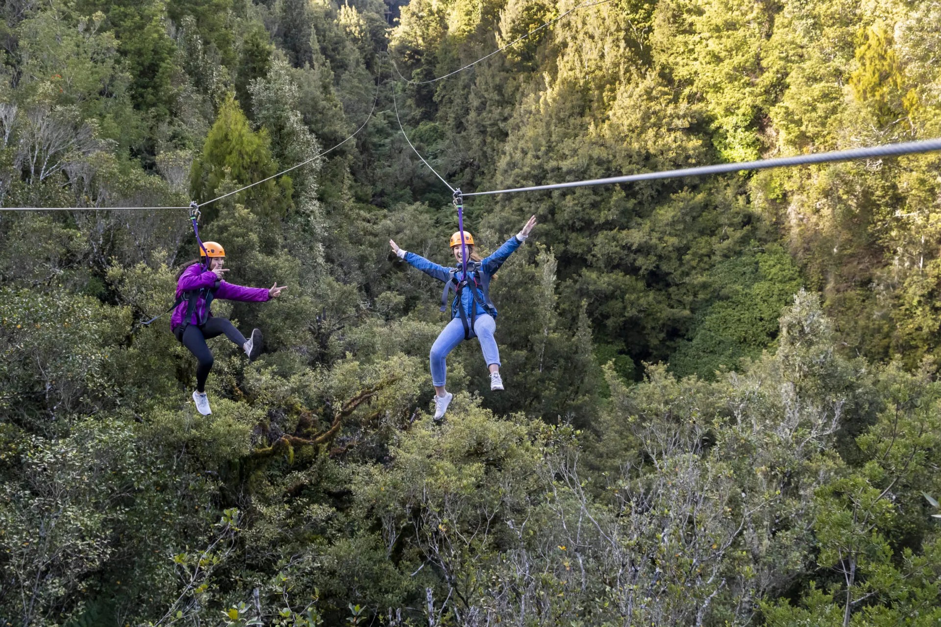 Two people excitedly riding ziplines above the Rotorua forest